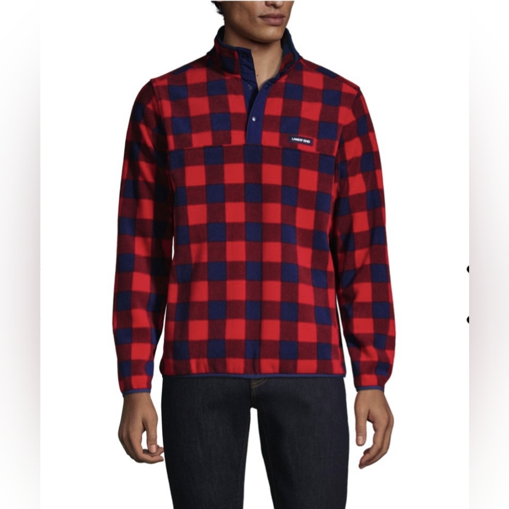 NWT Lands End Printed Heritage‎ Buffalo Check Fleece Snap Neck Pullover Top XL